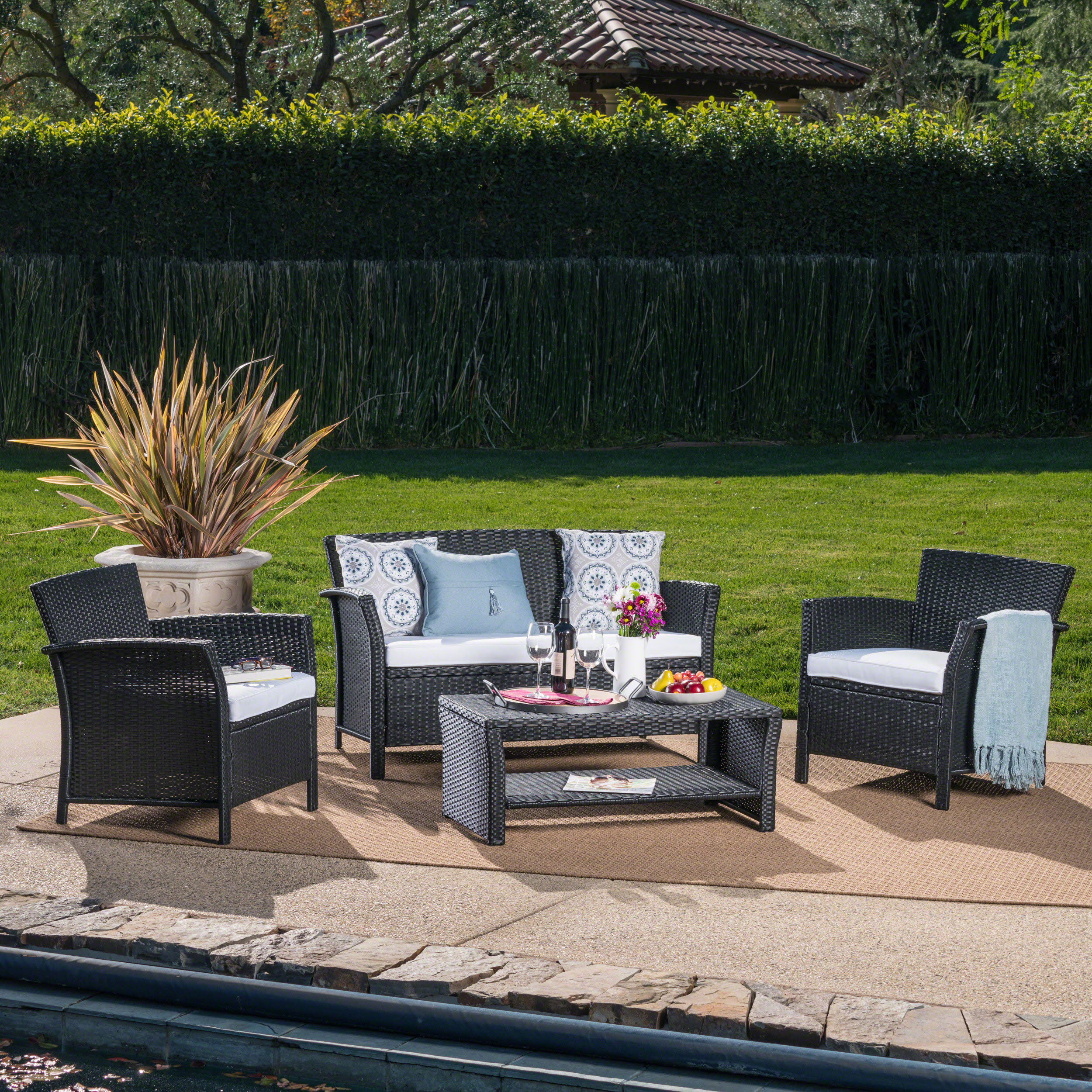 Anton Outdoor 4 Piece Wicker Chat Set with Cushions, Black, White - image 1 of 7