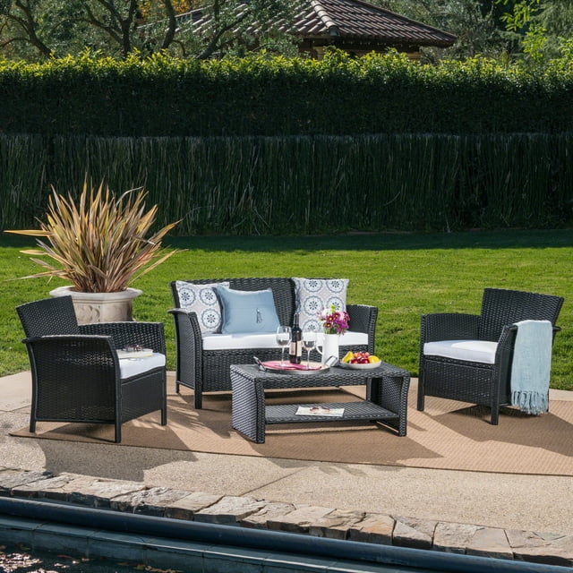 Anton Outdoor 4 Piece Wicker Chat Set with Cushions, Black, White