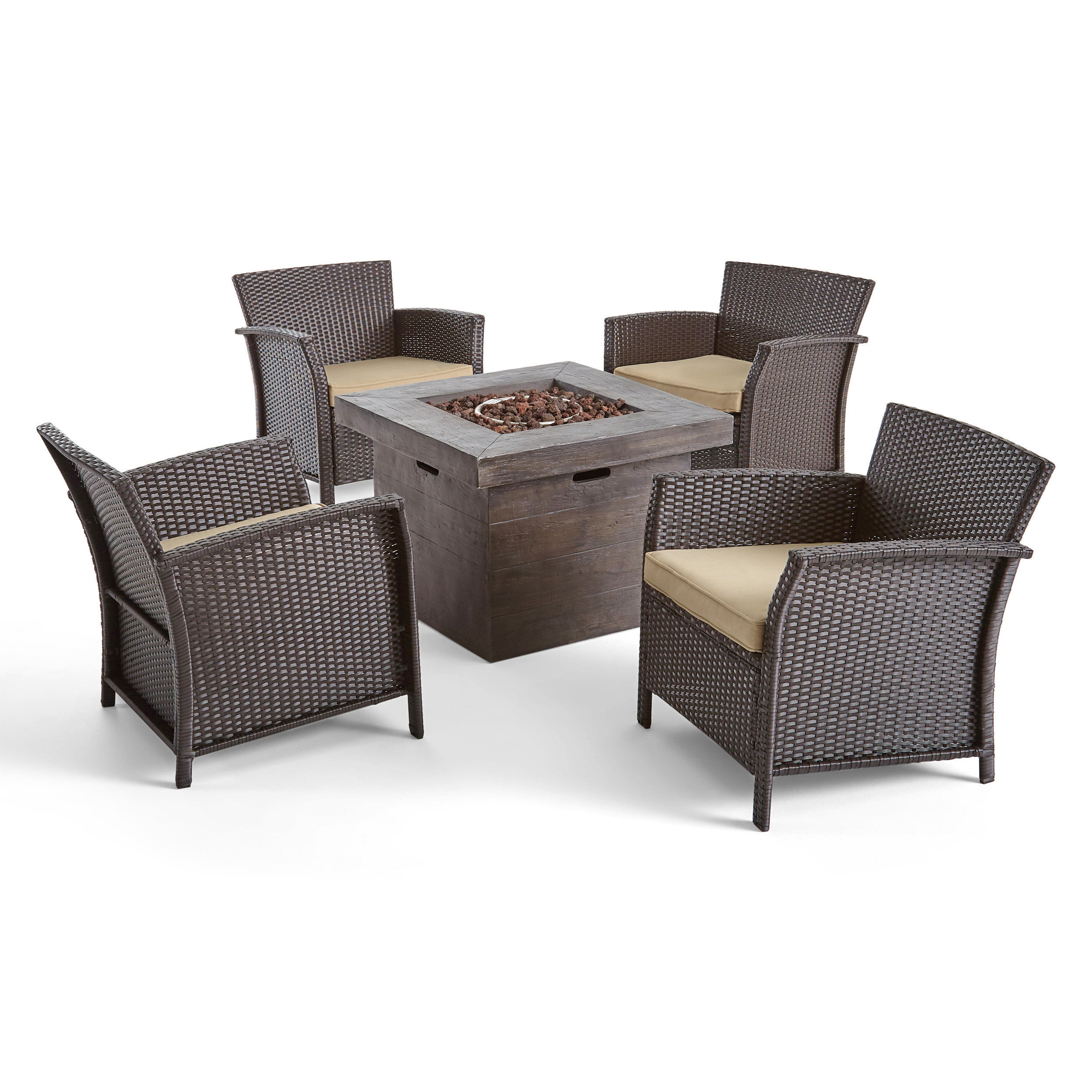 Anton Outdoor 5 Piece Wicker Chat Set with Cushions and Square Fire Pit, Brown, Tan, Brown - image 1 of 19