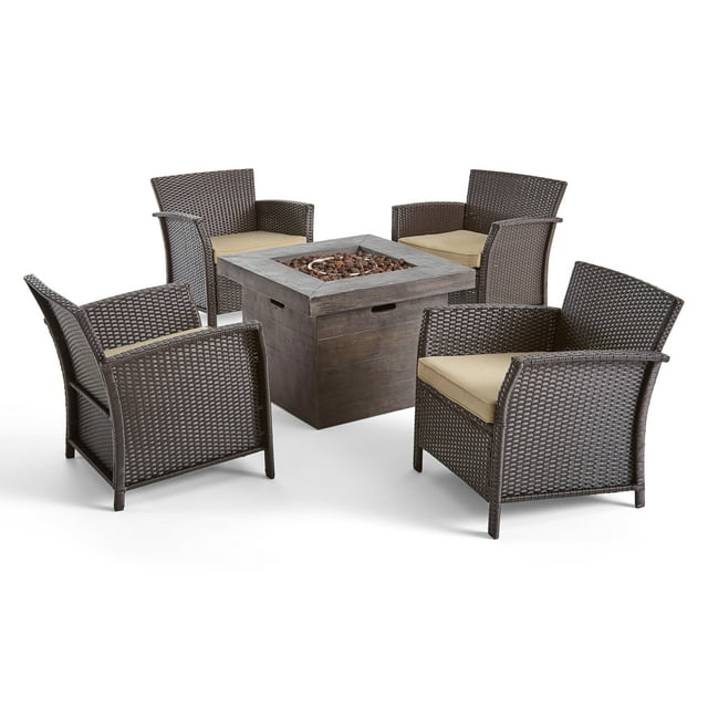 Anton Outdoor 5 Piece Wicker Chat Set with Cushions and Square Fire Pit, Brown, Tan, Brown