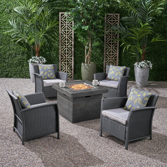Anton Outdoor 5 Piece Wicker Chat Set with Cushions and Square Fire Pit, Gray, Silver, Gray