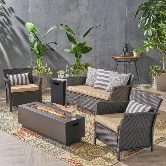 Anton Outdoor 5 Piece Wicker Chat Set with Iron Fire Pit and Tank Holder, Brown, Tan, Dark Gray