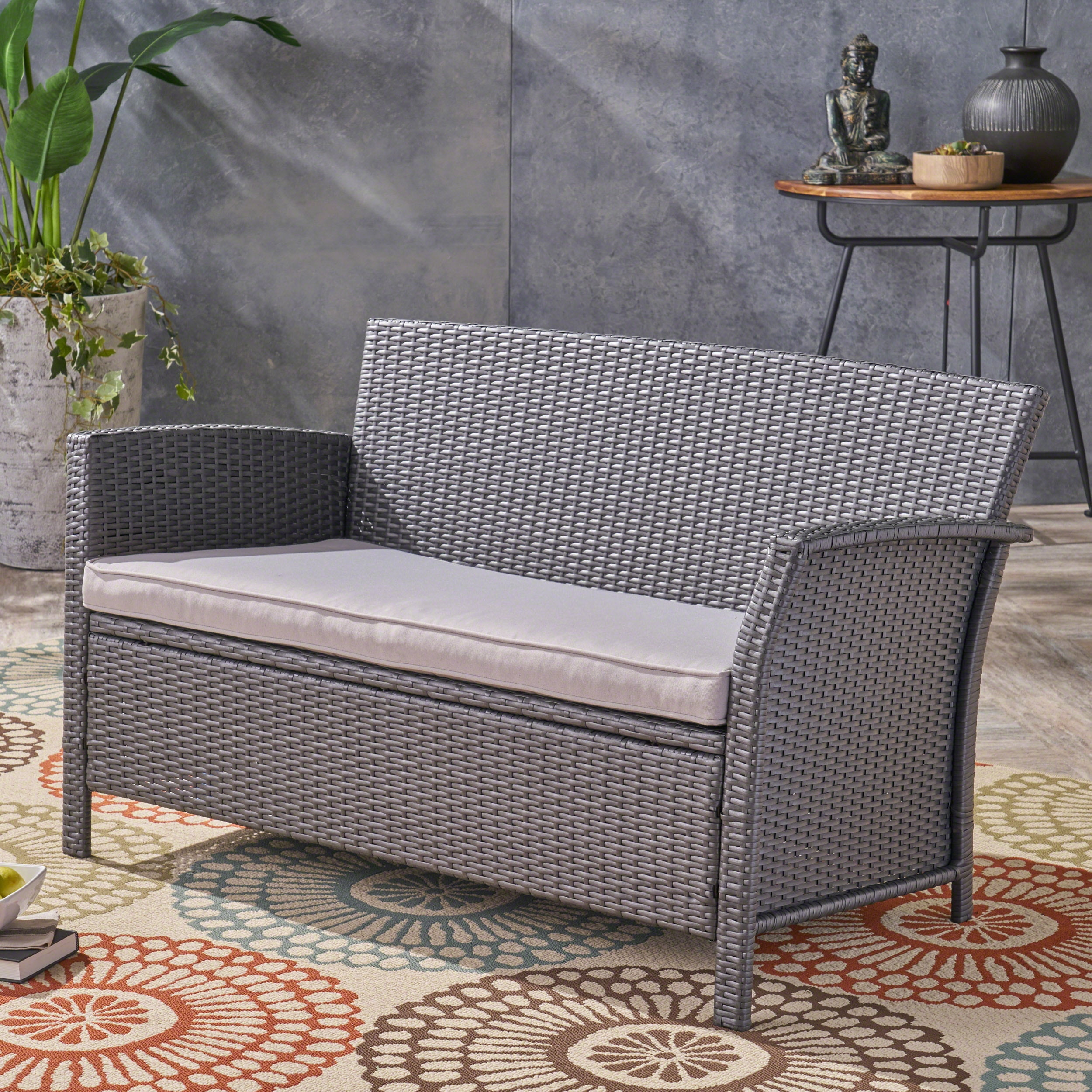 St. Lucia Gray Wicker Outdoor Loveseat with Silver Cushions
