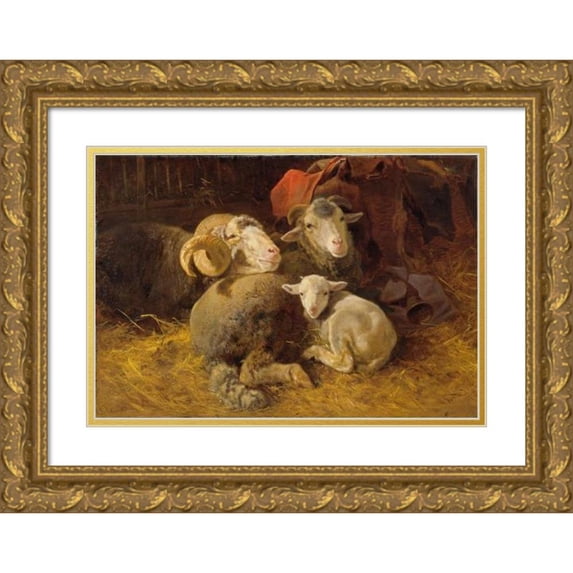 Anton Schrödl 24x18 Gold Ornate Framed and Double Matted Museum Art Print Titled - Sheep in the Stable