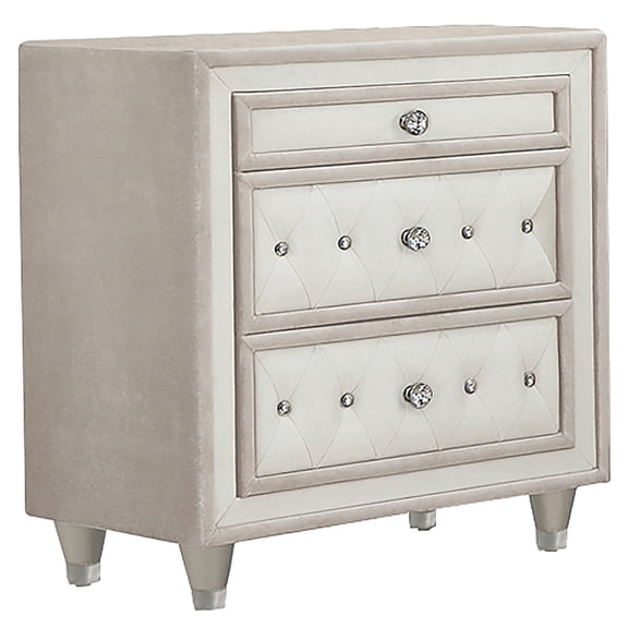 Antonella Upholstered 3-drawer Nightstand Ivory and Camel