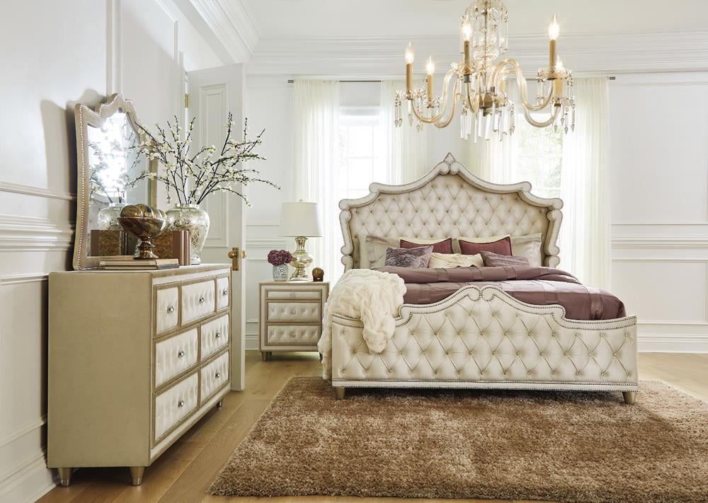 Antonella Ivory and Camel Upholstered Tufted Queen Bedroom Set