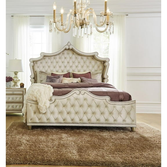 Antonella French Provincial Ivory and Camel Velvet Platform California King Bed