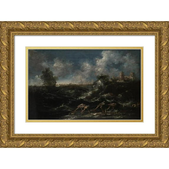Antonio Francesco Peruzzini 14x11 Gold Ornate Wood Frame and Double Matted Museum Art Print Titled - Seascape with Fisherman Pulling Out Nets (ca. 1718-25)