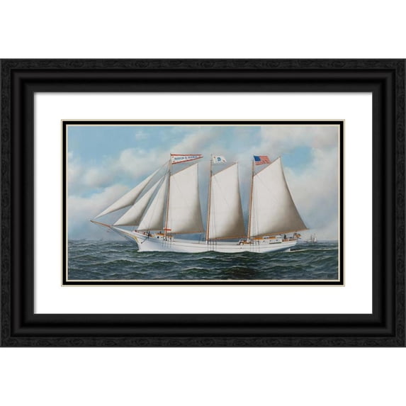 Antonio Jacobsen 18x12 Black Ornate Wood Framed Double Matted Museum Art Print Titled - Three Masted Schooner ‘Andrew C. Pierce’ (1905)