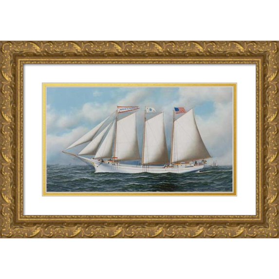 Antonio Jacobsen 24x15 Gold Ornate Framed and Double Matted Museum Art Print Titled - Three Masted Schooner ‘Andrew C. Pierce’ (1905)
