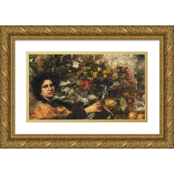 Antonio Mancini 18x12 Gold Ornate Wood Frame and Double Matted Museum Art Print Titled - The Flower Seller
