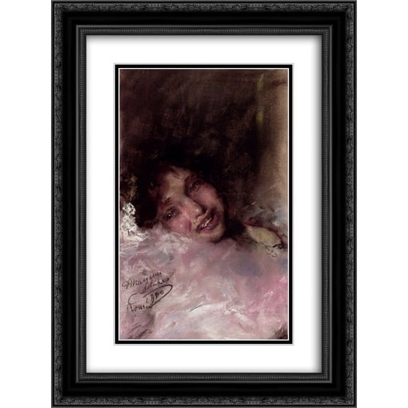 Antonio Mancini 2x Matted 18x24 Black Ornate Framed Art Print 'A Young Girl Laughing'