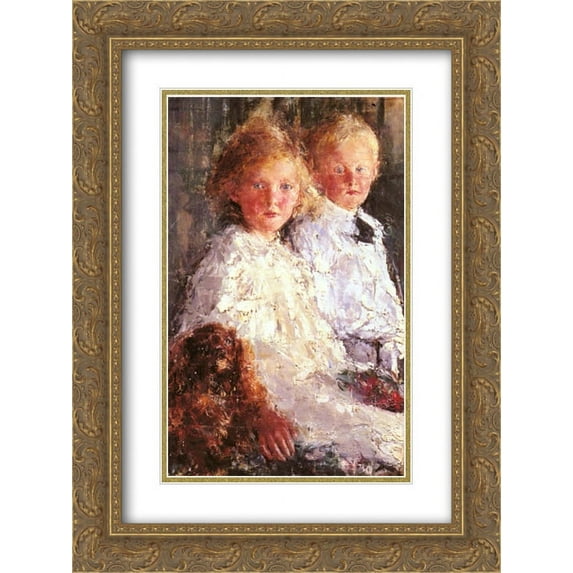 Antonio Mancini 2x Matted 20x24 Gold Ornate Framed Art Print 'Portrait of Elizabeth and Charles Williamson with their Pet Dog'