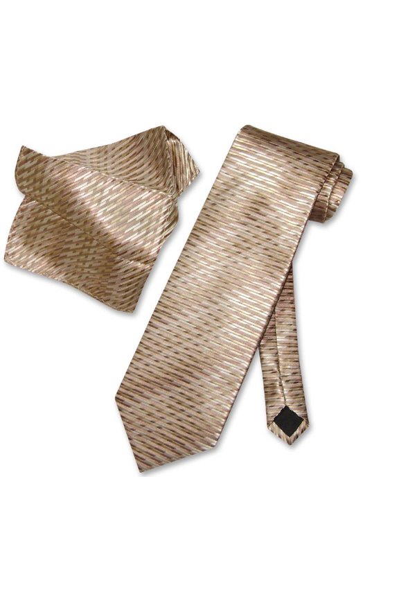 NeckTie Handkerchief Gold Lt Brown Pattern Men's Neck Tie Set