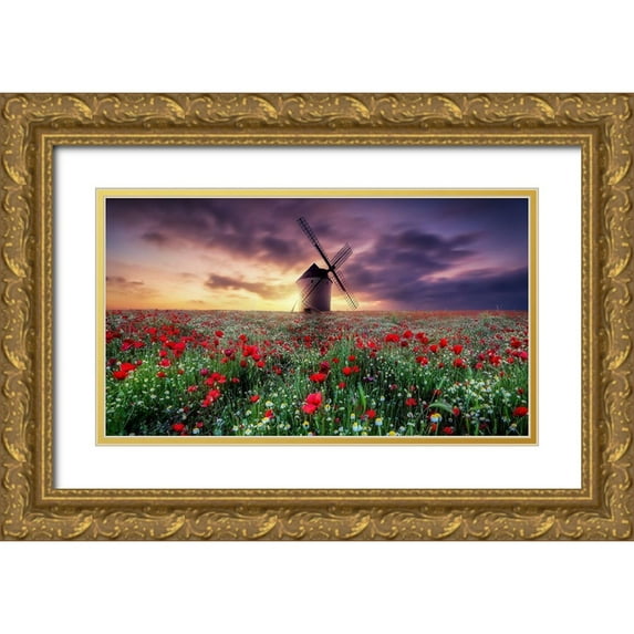 Antonio Trivino, Jose 32x20 Gold Ornate Wood Framed with Double Matting Museum Art Print Titled - Spring By The Windmill