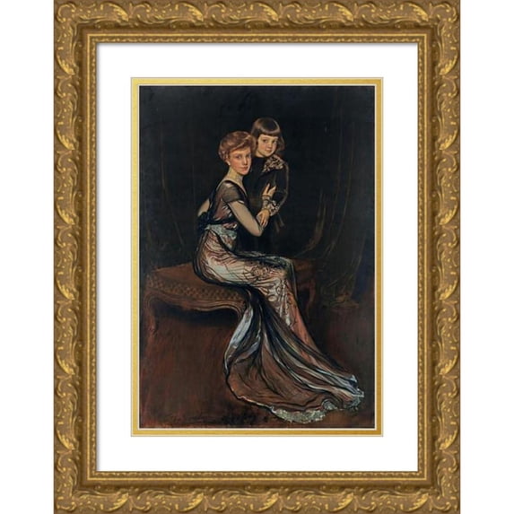 Antonio de La Gandara 14x18 Gold Ornate Wood Frame and Double Matted Museum Art Print Titled - Portrait of Leonor Uriburu De Anchorena (1884-1975) with Her Son Emilio
