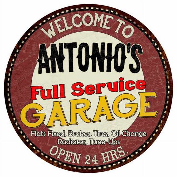 Antonio's Full Service Garage 14" Round Metal Sign Man Cave Decor 100140037372