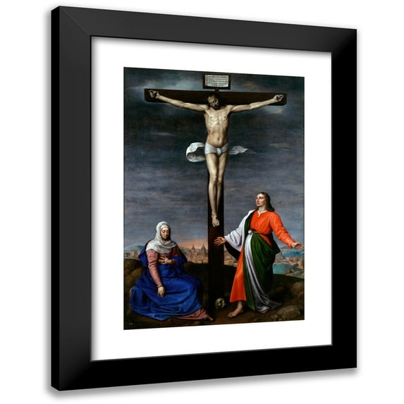 Antonis Mor 17x24 Black Modern Framed Museum Art Print Titled - The Work Shows Jesus Christ Crucified with the Virgin Mary and Saint John the Evangelist (1573)