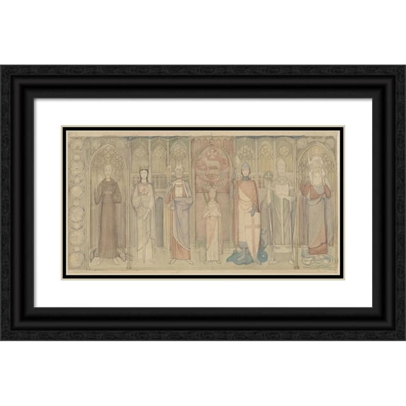 Antoon Derkinderen 24x15 Black Ornate Framed Double Matted Museum Art Print Titled: Design for the Second Bossche Wand; Seven Standing Saints. (C. 1869 - C. 1925)