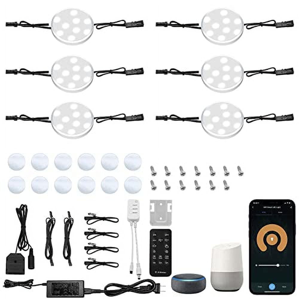 Laboreducer Linkable LED Puck Lights, Smart Under Cabinet Lights Plug in, Dimmable LED Cabinet Lights with Alexa Remote APP Control (6 Pack)