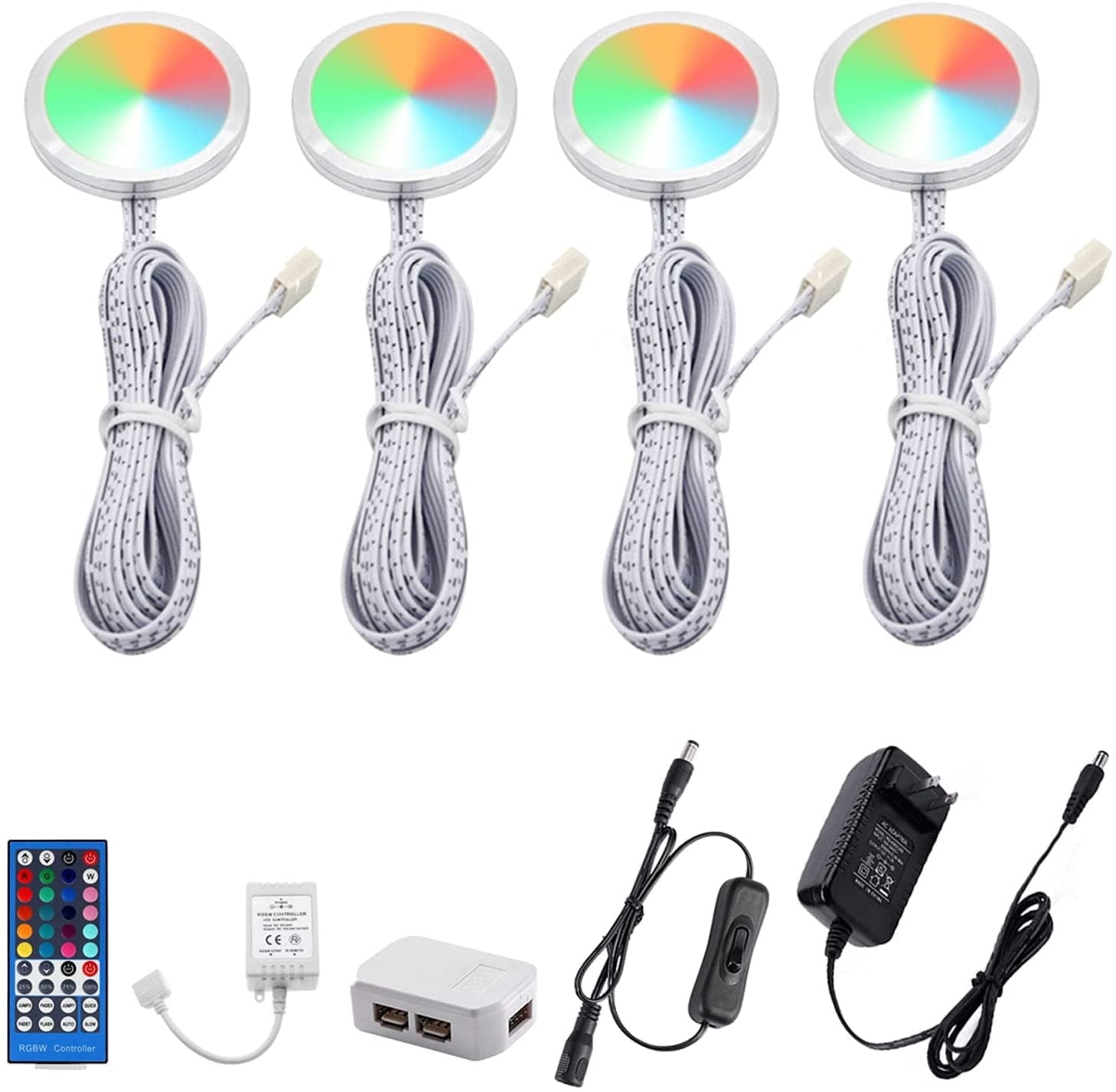 RGBW Under Cabinet LED Puck Lights Kit with Remote - 4 Lights, 12W for Kitchen and Shelf
