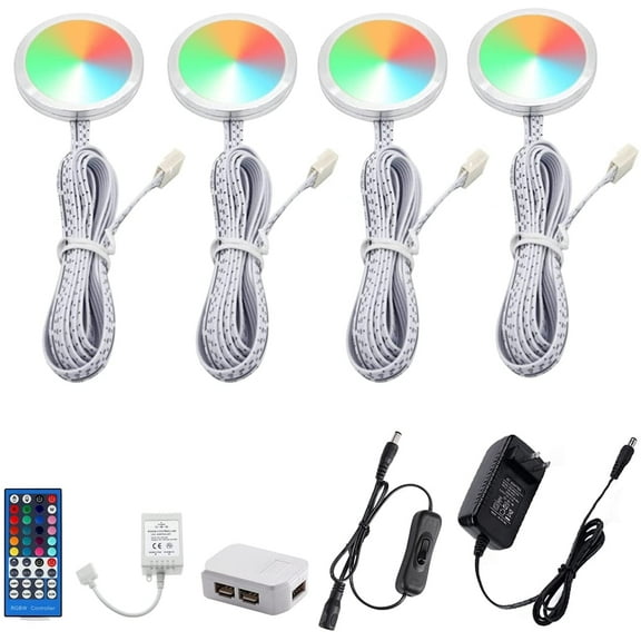 RGBW Under Cabinet LED Puck Lights Kit with Remote - 4 Lights, 12W for Kitchen and Shelf