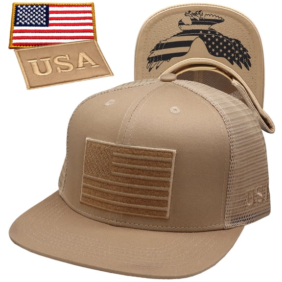 Antourage American Flag Flat Visor Constructed Mesh Snapback Hat + 2 Patriotic Patches