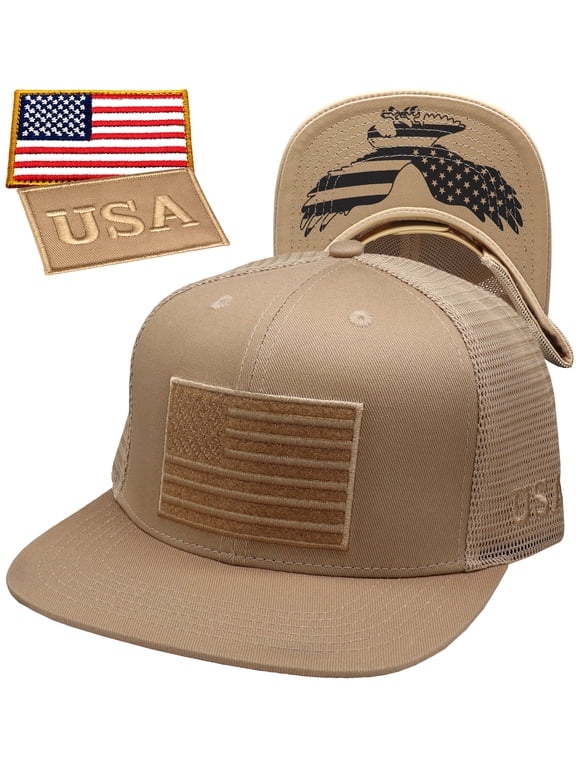 American Flag Flat Visor Constructed Mesh Snapback Hat + 2 Patriotic Patches