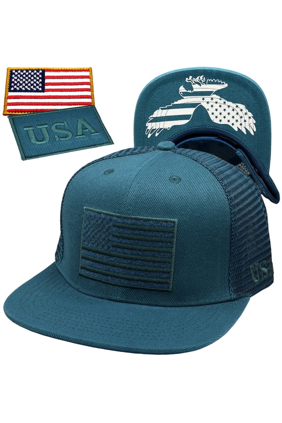 American Flag Flat Visor Constructed Mesh Snapback Hat + 2 Patriotic Patches