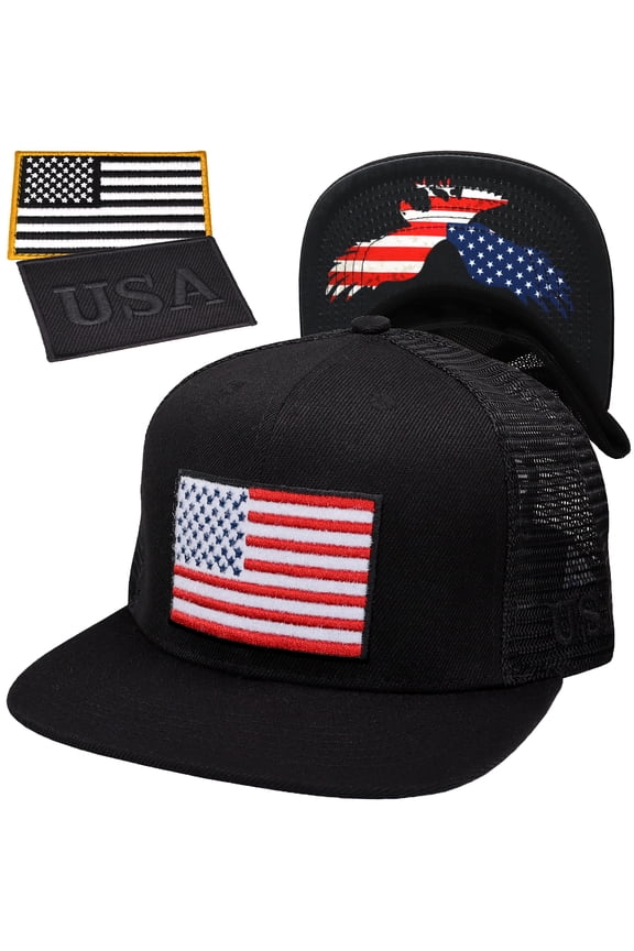 American Flag Flat Visor Constructed Mesh Snapback Hat + 2 Patriotic Patches