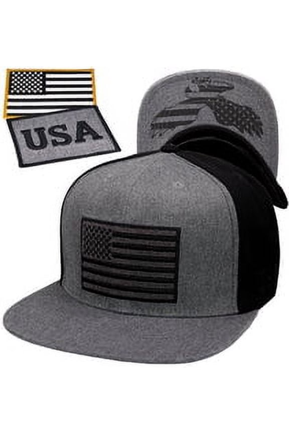 American Flag Flat Visor Constructed Snapback Hat + 2 Patriotic Patches