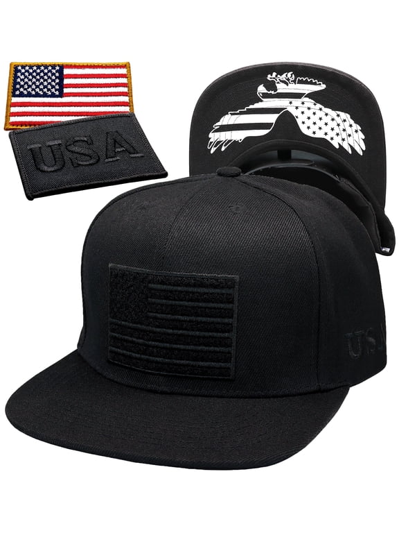 American Flag Flat Visor Constructed Snapback Hat + 2 Patriotic Patches