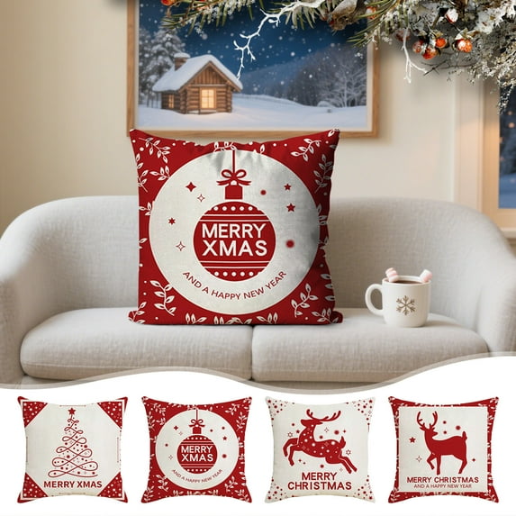 Antqov 18x18" Christmas Pillow Covers Set of 4, Decorative Winter Soft Throw Pillow Case Holiday Cushion Cover for Indoor House Sofa Red Supplies