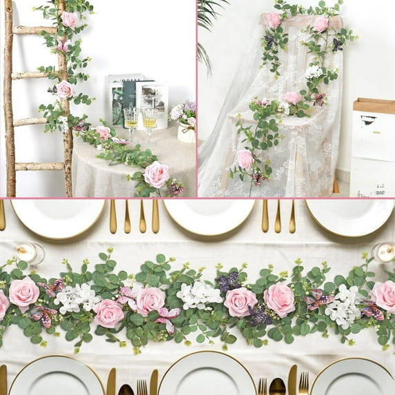 Antqov 6Ft Artificial Flowers Rose Vines Fake Flower Garland Hanging Faux Garlands with Silk Rose & Butterflies for Outdoor Wedding Party Wall Garden Decor