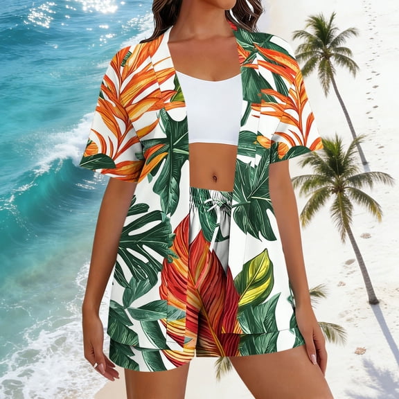 Antqov Beach Outfits for Women, Fashion Style Tropical Print Short Sleeve Loose Fitting Blouse Shorts Set, Summer Vacation Soft Lightweight Comfy 2 Piece Sets Beachwear
