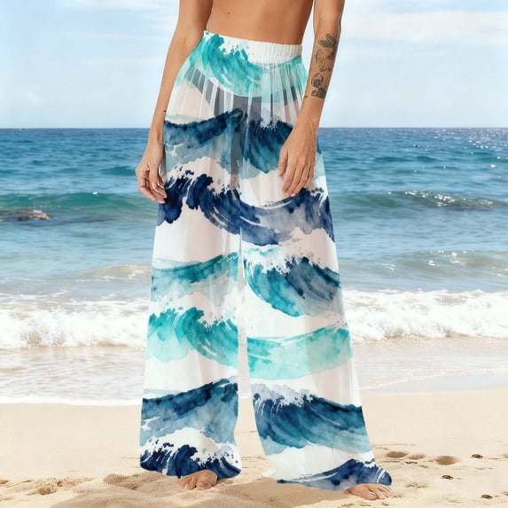 Antqov Beach Pants for Women, Fashion Print Bohemian Chiffon Elastic Waist Wide Leg Cover Up Pants, Summer Casual Cozy Lightweight Sun Protective Flowy Trousers