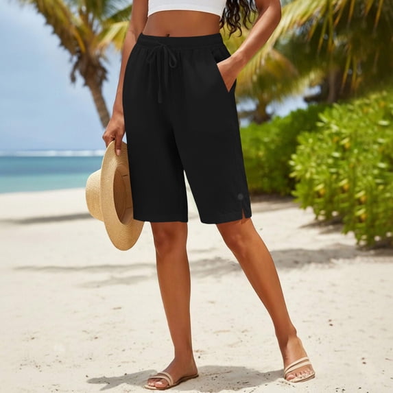 Antqov Black Shorts for Women Summer Cotton Linen Elastic High Waisted Loose Fit Bermuda Shorts with Pockets M