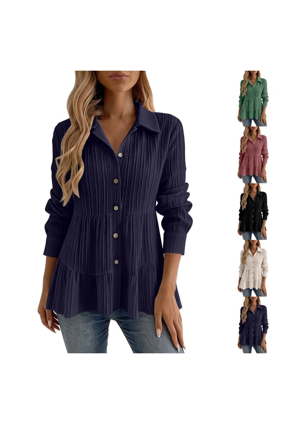 Button Up Shirt Women, Long Sleeve Solid Color Lapel Pleated Loose Tapered Waist Shirts, Business Fashion Comfy Soft Office Dress Shirt Work Blouse