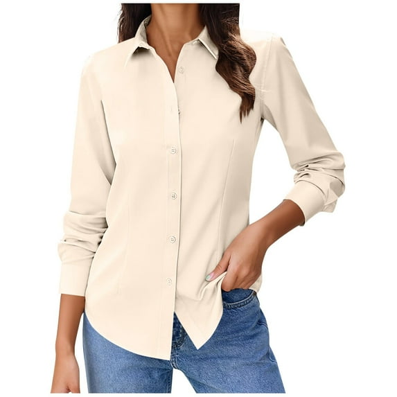 Antqov Button Up Shirt Women, Solid Color Lapel Long Sleeve Shirts Classic Fitting Dress Shirt, Bussiness Casual Comfy Loose Work Office Blouse Tops