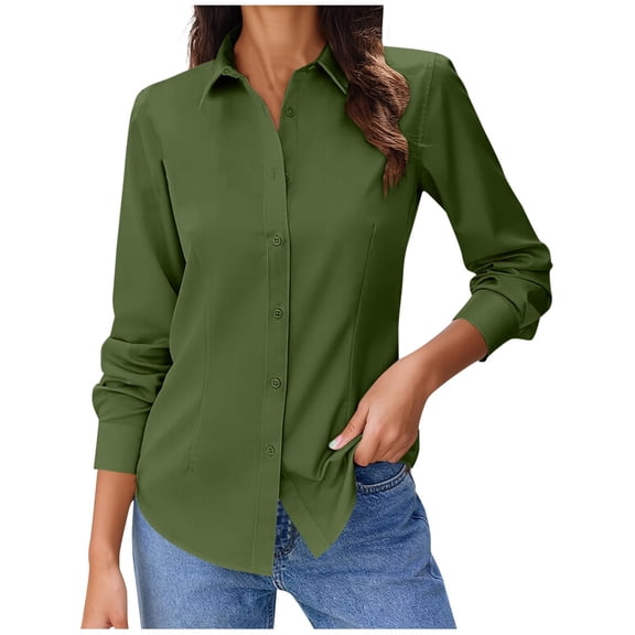 Antqov Button Up Shirt Women, Solid Color Lapel Long Sleeve Shirts Classic Fitting Dress Shirt, Bussiness Casual Comfy Loose Work Office Blouse Tops