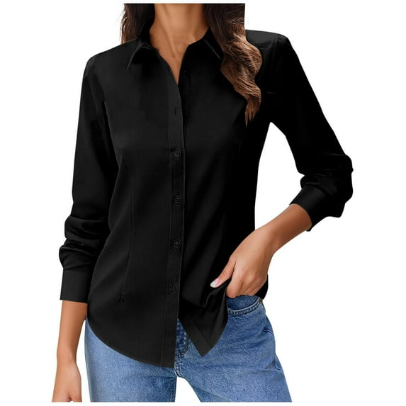 Antqov Button Up Shirt Women, Solid Color Lapel Long Sleeve Shirts Classic Fitting Dress Shirt, Bussiness Casual Comfy Loose Work Office Blouse Tops