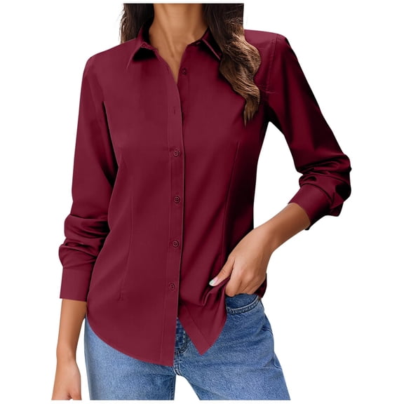 Antqov Button Up Shirt Women, Solid Color Lapel Long Sleeve Shirts Classic Fitting Dress Shirt, Bussiness Casual Comfy Loose Work Office Blouse Tops