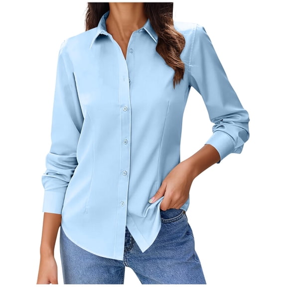 Antqov Button Up Shirt Women, Solid Color Lapel Long Sleeve Shirts Classic Fitting Dress Shirt, Bussiness Casual Comfy Loose Work Office Blouse Tops