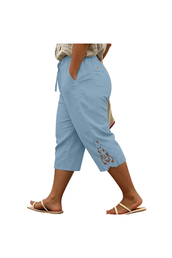 Capri Pants for Women Cotton Linen Plus Size Elastic High Waisted Capris with Pockets Summer Fashion Cropped Pants, L-5XL