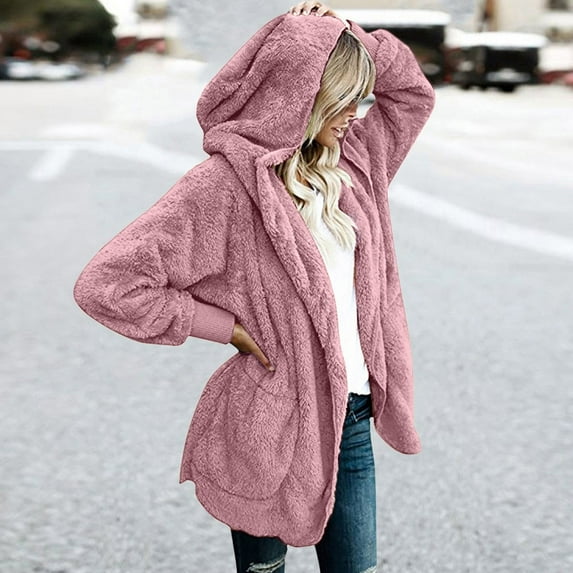 Antqov Cardigan for Women, Solid Color Chunky Fluff Hooded Jacket with Pockets, Daily Warm Soft Casual Jacket