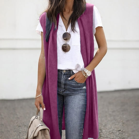 Antqov Cardigan for Women, Solid Color Sleeveless Long Casual Jacket, Outdoor Trendy Soft Comfortable Cardigans