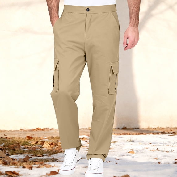 Antqov Cargo Pants for Men, Elastic Waist Solid Color Stretch Button Zipper Straight Leg Pants with Pockets, Outdoor Sports Fashion Casual Hiking Workwear Pants