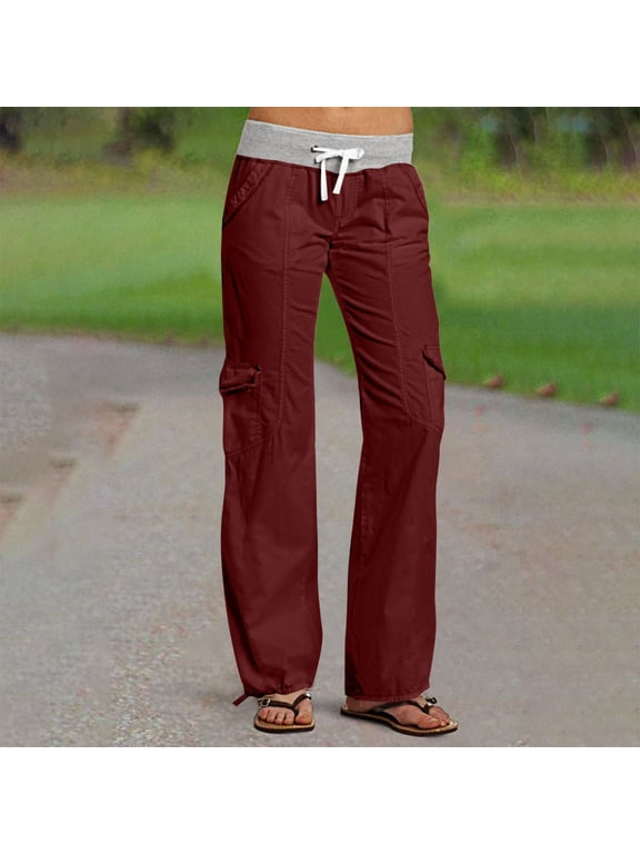 Cargo Pants Women, Elastic Waist Solid Color Drawstring Straight Leg Work Pants with Pockets, Outdoor Daily Trendy Lightweight Casual Hiking Pants