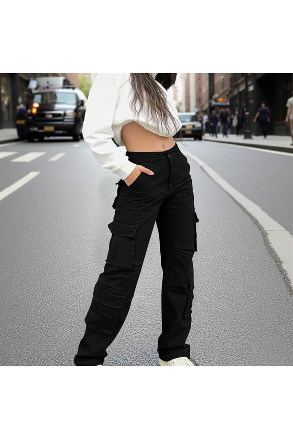 Cargo Pants Women, High Waist Solid Color Straight Leg Cuffed Button Front Zipper Work Pants with 8 Pockets, Outdoor Fashion Comfy Casual Sport Hiking Pants