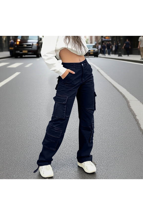 Cargo Pants Women, High Waist Solid Color Straight Leg Cuffed Button Front Zipper Work Pants with 8 Pockets, Outdoor Fashion Comfy Casual Sport Hiking Pants